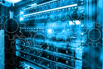 Wall Mural - gears mechanism, digital transformation, data integration and digital technology concept.