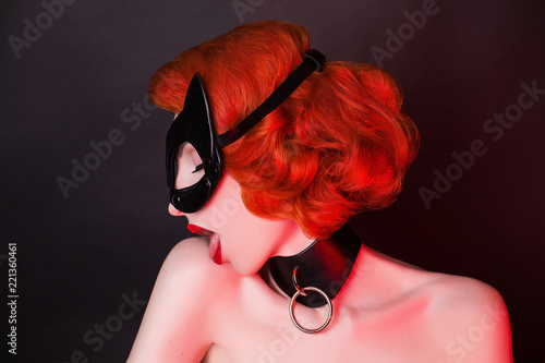 Cat Mask Seductive Redhead Girl In Halloween Costume Lick Shoulder