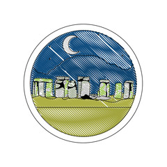 Poster - doodle stonehenge sculpture at night landscape with moon