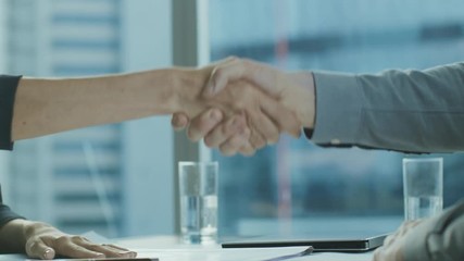Sticker - Close-up of the Businesswoman and Businessman Closing the Deal and Shaking Hands in Agreement. Close-up on Hands two Businesspeople Conclude a Contract with a Handshake.