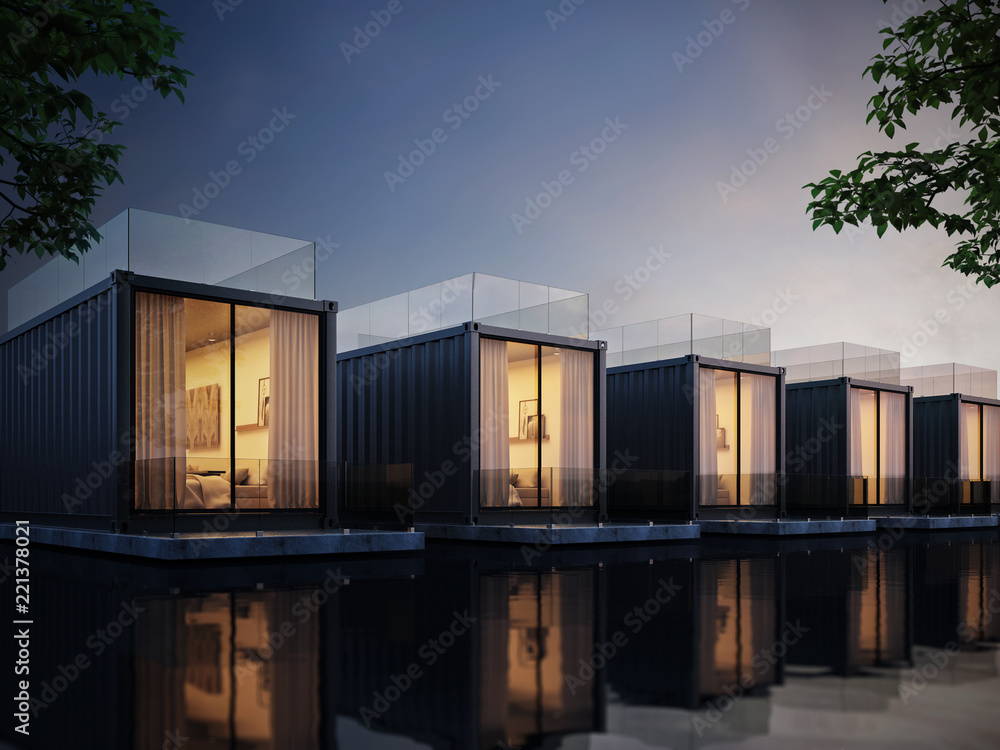 Container House on lake resort, evening light 3D render - obrazy, fototapety, plakaty 