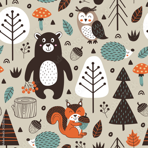 seamless pattern with forest animals on beige background Scandinavian style - ve Canvas Print