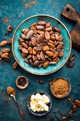 Canvas Print - Cocoa beans, cocoa powder and cocoa butter. Cocoa background