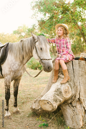 A Nice Little Girl With Light Curly Hair In A Vintage Plaid Dress And A Straw Hat And A Gray Horse Rural Life In Autumn Horses And People Stock Photo Adobe