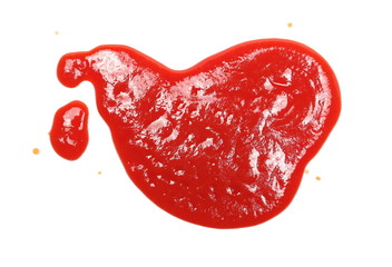 Wall Mural - Red ketchup splashes isolated on white background, tomato pure texture, top view