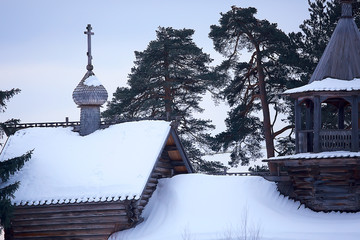 landscape in russian kizhi church winter view / winter season snowfall in landscape with church architecture