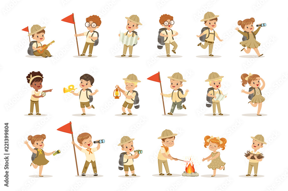Set of girls and boys in scout costumes Stock Vector | Adobe Stock