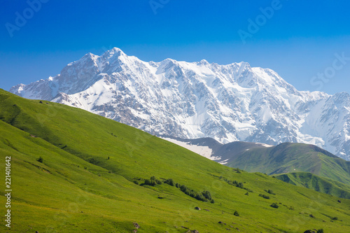 Fotografía green slope and Shkhara mountain with snowy peak