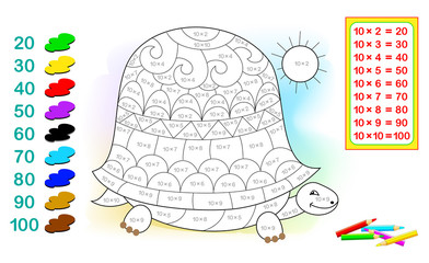 Wall Mural - worksheet with exercises for children with multiplication by ten. need to solve examples and paint t