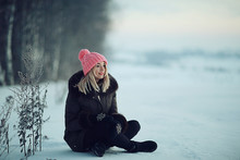 Smiling Young Woman Winter Cold Day Nature