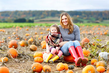 Little Kid Girl And Beautiful Mother Having Fun With Farming On A Pumpkin Patch. Traditional Family Festival With Children, Thanksgiving And Halloween Concept. Cute Farmers, Woman With Daughter.