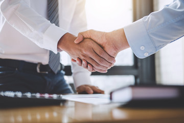 Poster - Business team greeting and finishing up a meeting, Two Business handshake of collaboration after discussing in team good deal of Trading contract for both companies, Finance, accounting, investment
