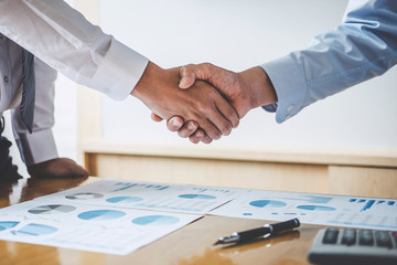 Aufkleber - Business team greeting and finishing up a meeting, Two Business handshake of collaboration after discussing in team good deal of Trading contract for both companies, Finance, accounting, investment