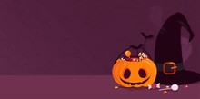 Happy Halloween Holiday Background With Pumpkin, Witch Hat, Ghosts And Candies. Vector Illustration