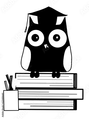 Cute Owl Characters Cartoon And Cap And Books Black White