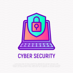 Wall Mural - cyber security: opened laptop with shield thin line icon. modern vector illustration.