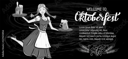 Oktoberfest Hand Drawn Lettering And Outline Girl In Bavarian