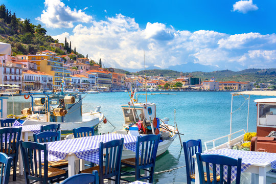 view of the picturesque coastal town of gythio, peloponnese, greece.