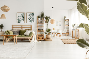 Posters above green sofa with pillows in white living room interior with plants and table. Real photo