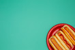 Three hot dogs on a red plate mustard ketchup background with copy space