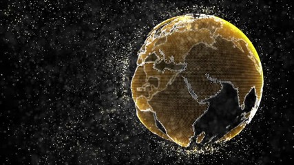 Wall Mural - Organic dust particles cloud being pushed by slowly growing yellow Earth globe. Technology, science and engineering motion background. Depth of field settings. 3D rendering.