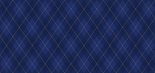 Argyle Vector Pattern. Navy Blue With Thin Golden Dotted Line. Seamless Dark Geometric Background For Fabric, Textile, Men's Clothing, Wrapping Paper. Backdrop For Little Gentleman Party Invite Card