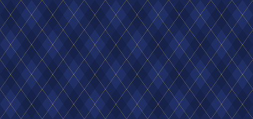Wall Mural - argyle vector pattern. navy blue with thin golden dotted line. seamless dark geometric background fo