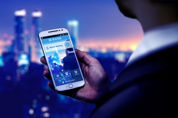 Business Man with smartphone and home banking app on the screen. Bank mobile on a cell phone, application design.