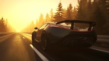 Fast, Slick Supercar Driving Through A Coniferous Forest During Sunset. 4K HD