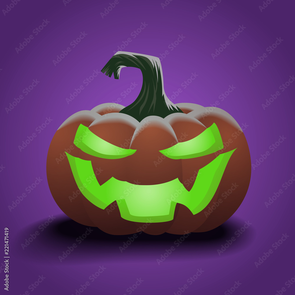 Vector image of Halloween pumpkin. Evil face with green luminous