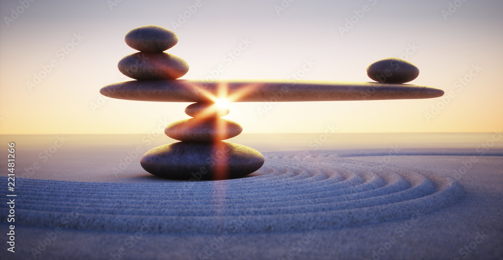 Steine in Balance - Gleichgewicht bei Sonnenaufgang - obrazy, fototapety, plakaty 