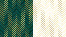 Chevron Zig Zag Emerald (dark Green) Seamless Pattern With Golden Lines. Cute Ivory Background In Light Halftone. Herringbone Vector Backdrop. Gold Festive Stripes. Sharp And Jagged Waves. Luxury VIP
