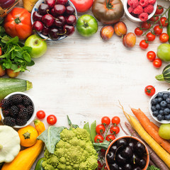 Wall Mural - Healthy living, summer fruits vegetables berries arranged in a circle frame. Organic produce, raw eating, copy space, top view, square, selective focus