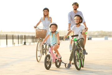 Poster - Happy family riding bicycles outdoors on summer day