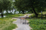 Fototapeta Kuchnia - Empty bench at park near pond by sunny day, bench at the lake in the forest. Azerbaijan Nature.