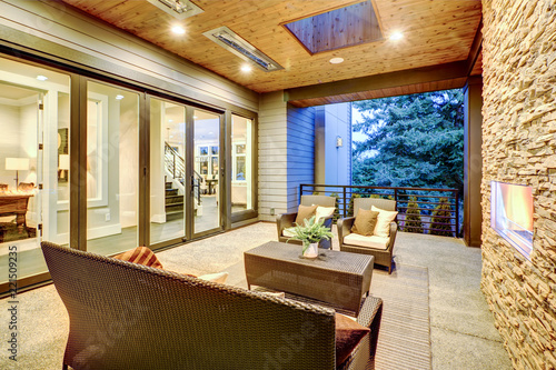 Luxury Deck Modern Exterior With Stone Fireplace And Wooden