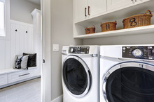 White Clean Laundry Modern Room With Washer And Dryer