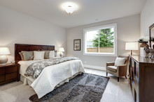 Light Modern Master Bedroom Interior With Darkwood Bed And Dresser