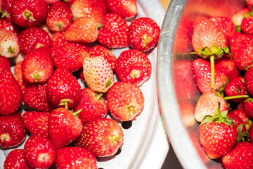 background from freshly harvested strawberries, Top view