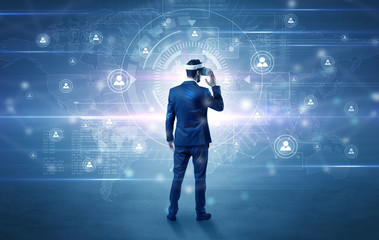 manager with vr headset and social network research concept