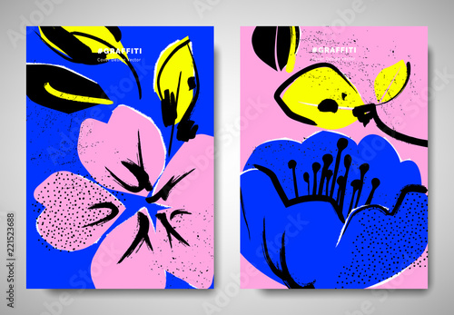 Cover/ invitation card template design, ripped torn paper sakura and camellia...