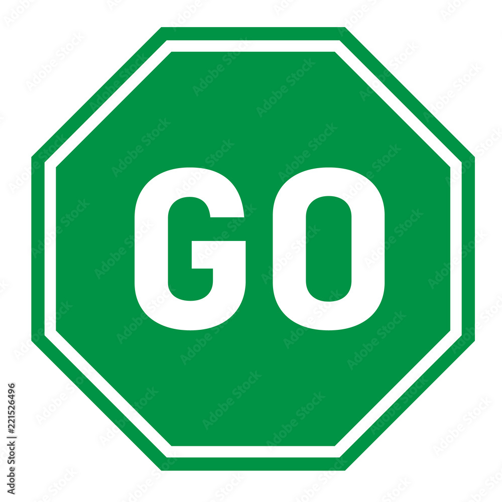 go sign on white background. flat style. green go sign for your web site design, logo, app, UI. go traffic symbol. hexagonal green go sign. - obrazy, fototapety, plakaty 