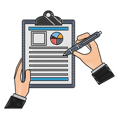 Poster - hands with pen and document file statistics pie