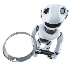 Wall Mural - 3d Funny cartoon robot character holding a magnifying glass