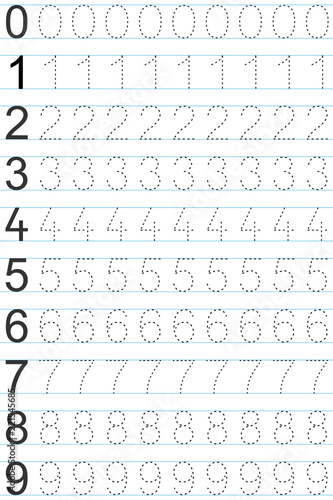 Numbers 0-9, handwriting tracing practice sheet, writing training for children, kids preschool activity, educational game, printable worksheet, learning to count, vector Illustration