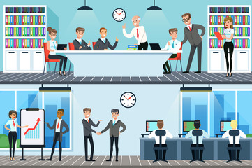 Sticker - Business people working in office set, men and women having conference and meeting for business collaboration horizontal vector Illustrations