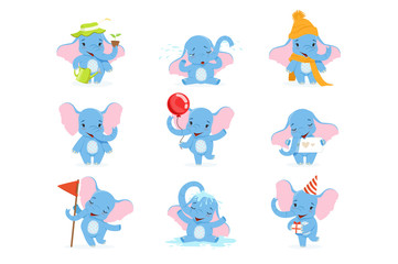 Sticker - Cute elephant character set, funny baby elephant in different poses and situations vector Illustrations