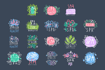 Sticker - Spa beauty studio logo design set, badge for wellness, yoga center hand drawn vector Illustrations