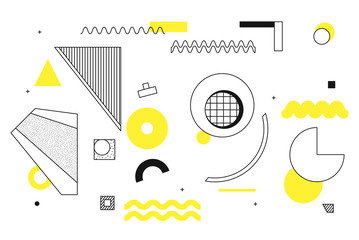 Universal trend halftone geometric shapes set juxtaposed with bright bold yellow elements composition. Design elements for Magazine, leaflet, billboard, sale