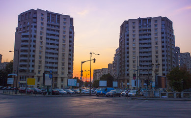 Wall Mural - Bucharest city street at sunset. Romania